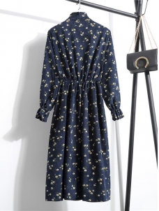 Dark Blue Stand Collar Long Sleeve Dress