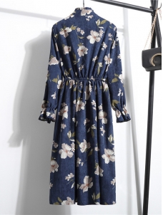 Dark Blue Stand Collar Long Sleeve Dress