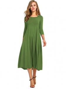 Dark Green A-Line and Flare Midi Long Dress