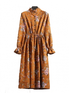 Dark Orange Women Stand Collar Long Sleeve Dress