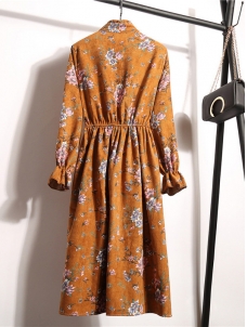 Dark Orange Women Stand Collar Long Sleeve Dress