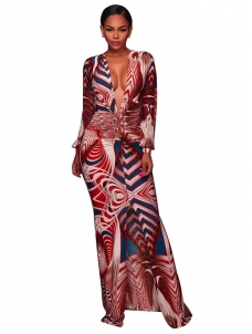 Dark Yellow S-3XL V Neck Printed Ankle Length Dress