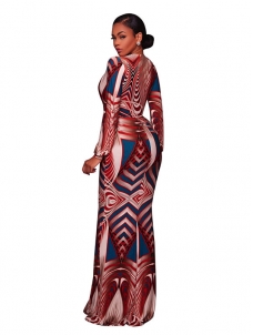 Dark Yellow S-3XL V Neck Printed Ankle Length Dress