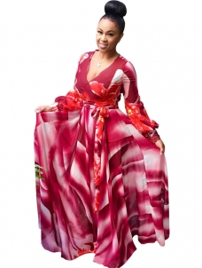Euramerican V Neck  Digital Printing Red Twilled Satin Maxi Dress