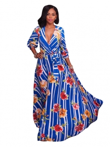 Euramerican V Neck Half Sleeves Floral Print Cotton Maxi Dress