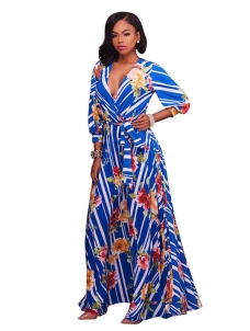 Euramerican V Neck Half Sleeves Floral Print Cotton Maxi Dress