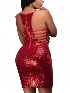 Euramerican V Neck Strap Sleeveless Red Mini Dress
