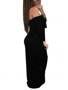 Fashion Dew Shoulder Falbala Design Black Maxi Dress