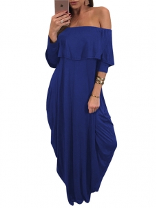 Fashion Dew Shoulder Falbala Design Blue Maxi Dress