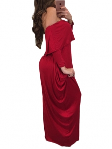 Fashion Dew Shoulder Falbala Design Red Maxi Dress