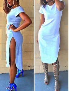 Fashion O Neck Side Split White Spandex Mini Dress