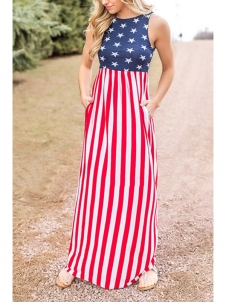 Fashion Round Neck Sleeveless Printed Maxi Dress 