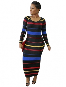 Fashion Round Neck Stripe Printed Black Maxi Dress