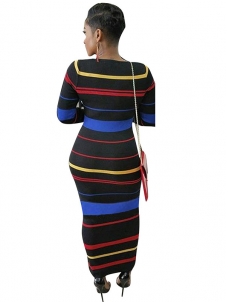 Fashion Round Neck Stripe Printed Black Maxi Dress