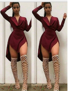 Fashion Sexy V Neck Wine Red Mini Dress