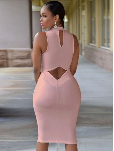 Fashion Turtleneck Tank Sleeveless Pink Midi Dress