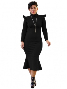 Fashionable Turtleneck Lotus Leaf Hem Black Mid Dress