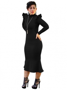 Fashionable Turtleneck Lotus Leaf Hem Black Mid Dress