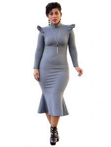 Fashionable Turtleneck Lotus Leaf Hem Grey Mid Dress