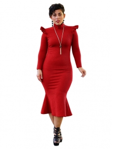 Fashionable Turtleneck Lotus Leaf Hem Red Mid Dress