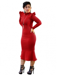 Fashionable Turtleneck Lotus Leaf Hem Red Mid Dress