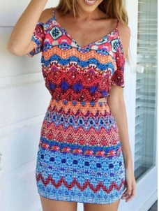 Fashionable V Neck Pattern Print Mini Dress