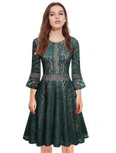 Green S-XXL Fashion Floral Printed Lace Dress