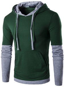 Green S-XXL Long Sleeve Patchwork Hooded T-Shirt