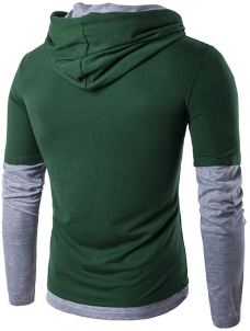 Green S-XXL Long Sleeve Patchwork Hooded T-Shirt