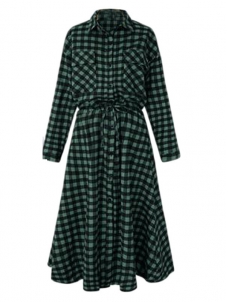 Green Women Long Sleeve Plaids Casual Dress