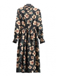 Green Women Stand Collar Long Sleeve Dress