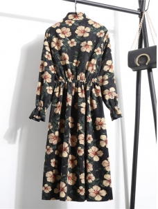 Green Women Stand Collar Long Sleeve Dress