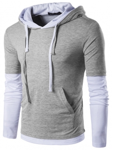 Grey Long Sleeve Patchwork Hooded T-Shirt