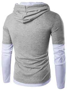 Grey Long Sleeve Patchwork Hooded T-Shirt