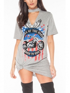 Grey Round Neck Printed Cotton Blend Dress