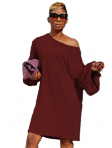 Leisure Dew Shoulder Wine Red Cotton Dress