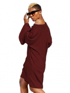 Leisure Dew Shoulder Wine Red Cotton Dress