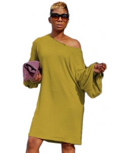 Leisure Dew Shoulder Yellow Cotton Dress