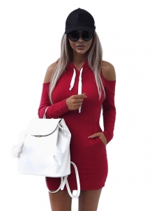 Leisure Hooded Collar  Hollow-out Wine Red Mini Dress 