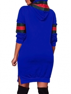 Leisure Hooded Collar Patchwork Blue Mini Dress