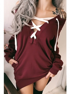 Leisure Lace-up Hollow-out Wine Red Mini Dress