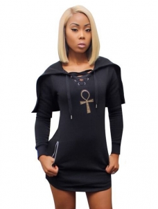 Leisure Long Sleeves Zipper Design Black Mini Dress