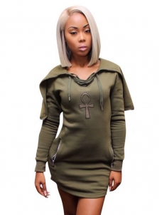 Leisure Long Sleeves Zipper Design Green Mini Dress