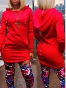 Leisure Long Sleeves Zipper Design Red Mini Dress