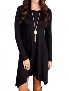 Leisure Round Neck Asymmetrical Black Blending Mini Dress