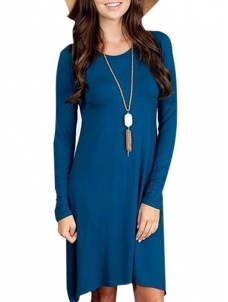 Leisure Round Neck Asymmetrical Blue Blending Mini Dress