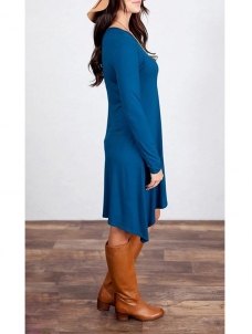 Leisure Round Neck Asymmetrical Blue Blending Mini Dress