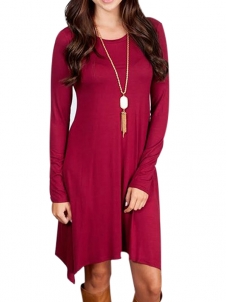 Leisure Round Neck Asymmetrical Wine Red Blending Mini Dress