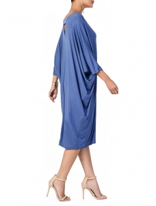 Leisure Round Neck Hollow-out Blue Polyester Dress