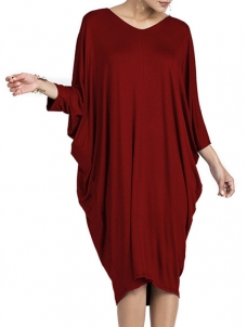 Leisure Round Neck Hollow-out Wine Red Polyester Dress